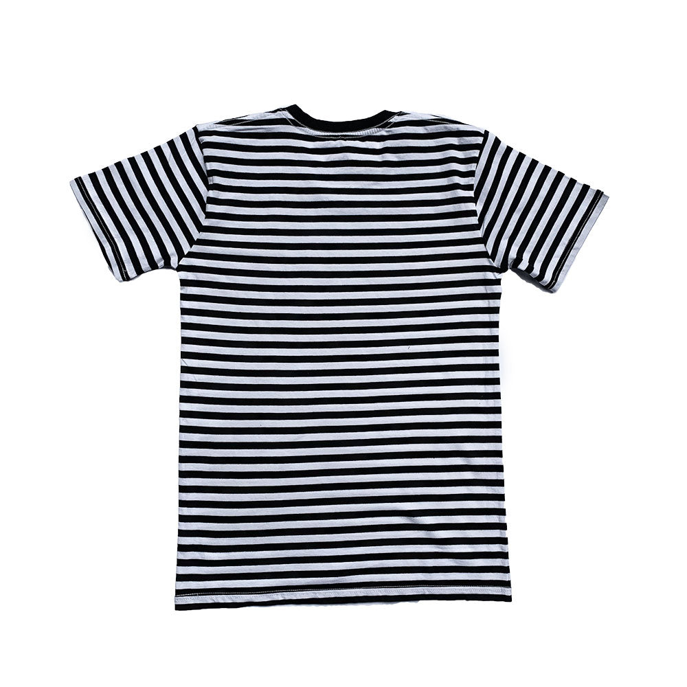 Oy brand black t-shirt stripes with gold flourish.