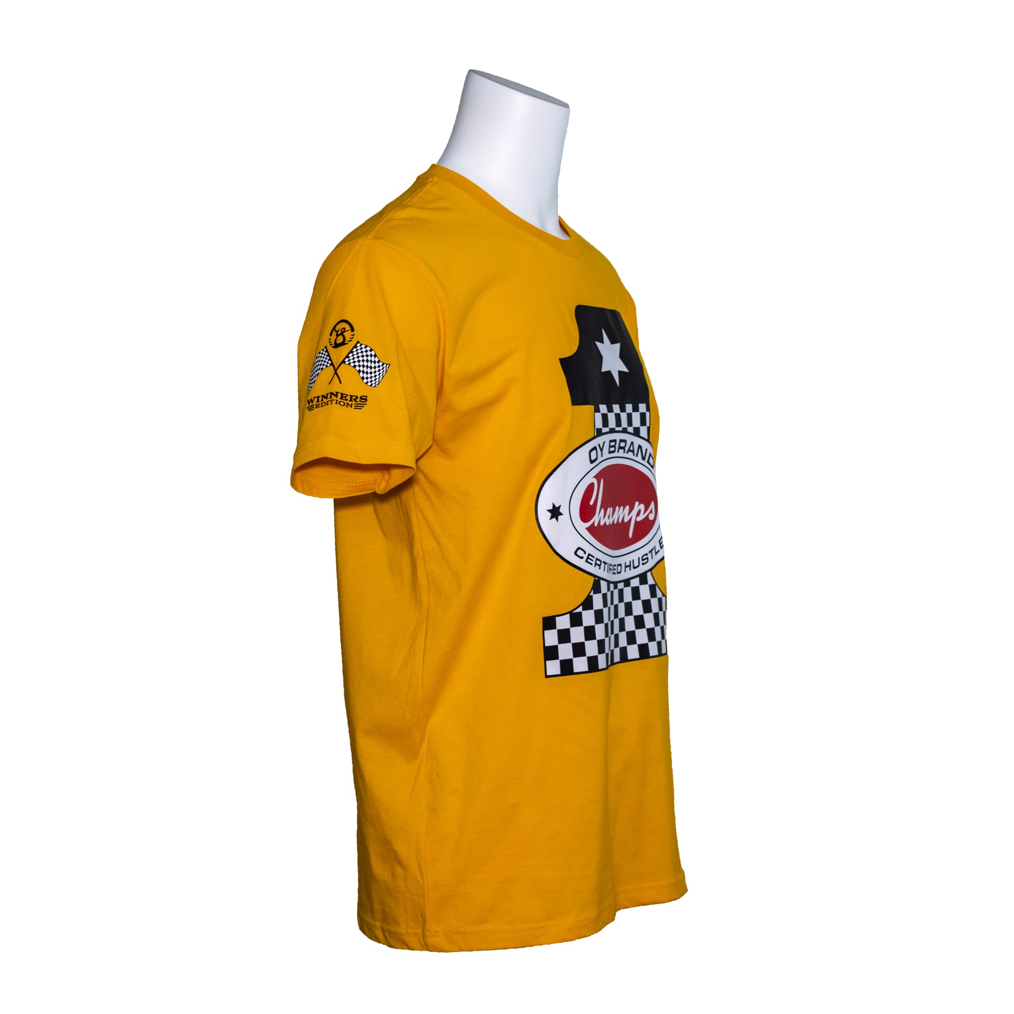 gold oy brand t shirt with number one racing design